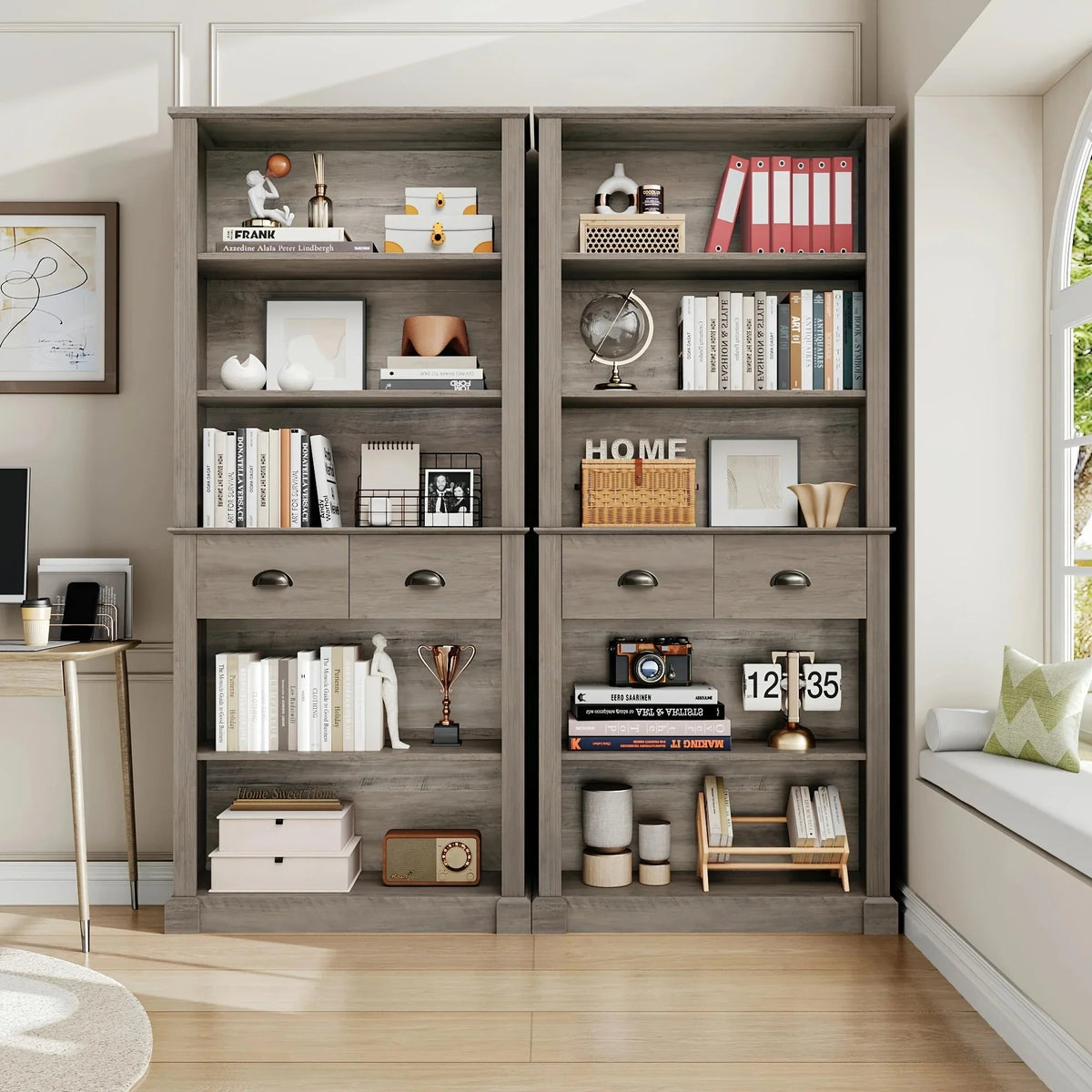 White Wooden 5-Tier Bookshelf with 2 Drawers and Adjustable Shelves