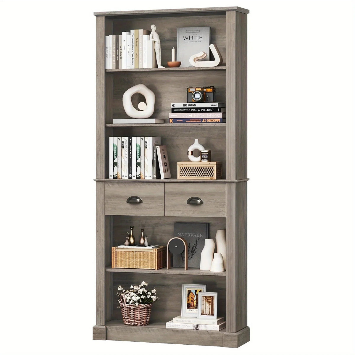 White Wooden 5-Tier Bookshelf with 2 Drawers and Adjustable Shelves