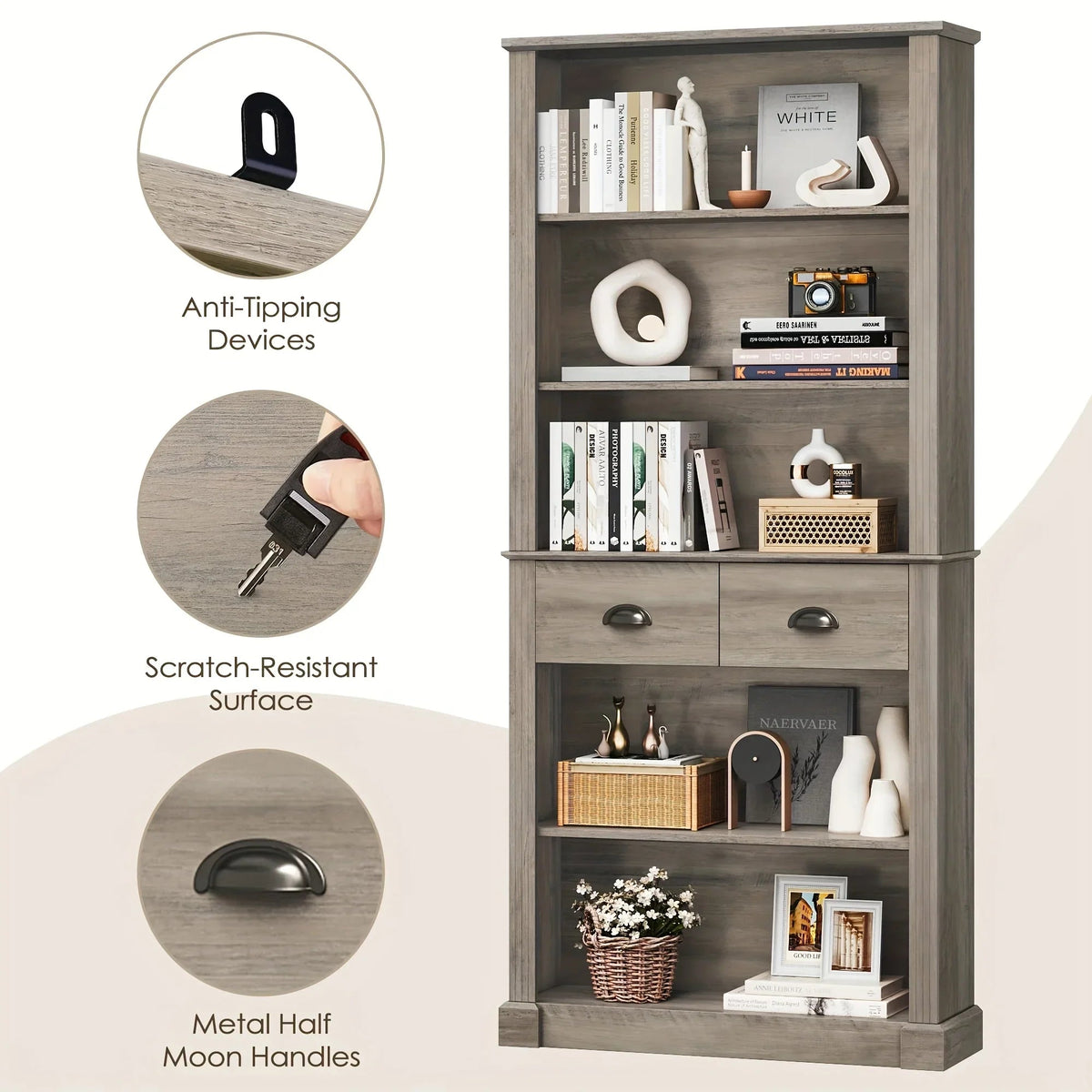 White Wooden 5-Tier Bookshelf with 2 Drawers and Adjustable Shelves