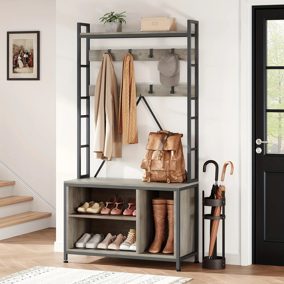 Wood Hall Tree with Storage Bench & 8 Hooks