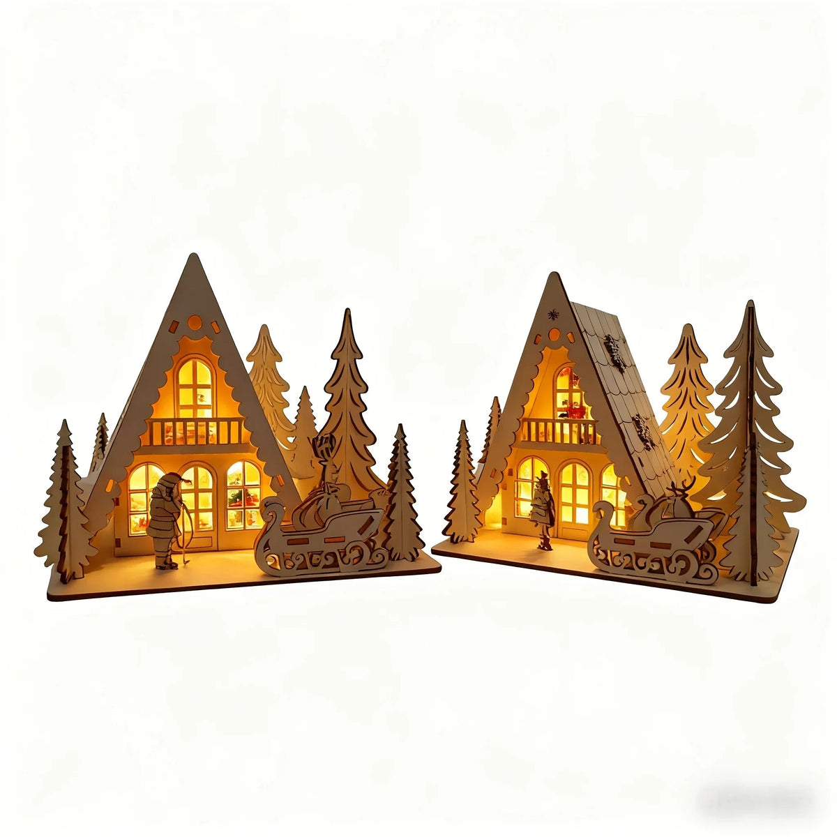 Wooden 3D Christmas House Decoration with Laser-Cut Santa Scene