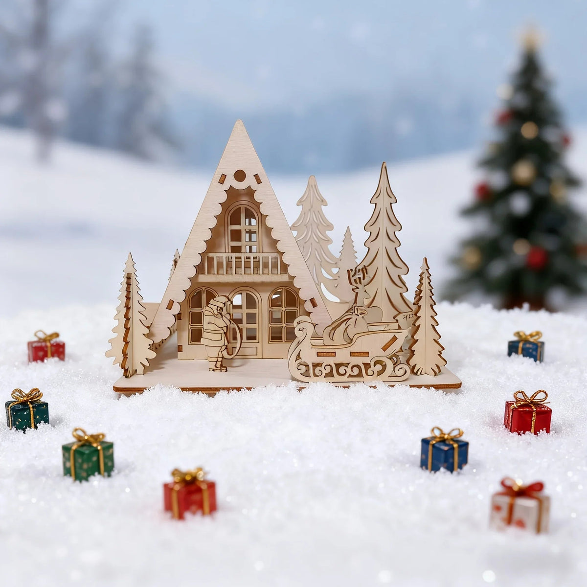 Wooden 3D Christmas House Decoration with Laser-Cut Santa Scene