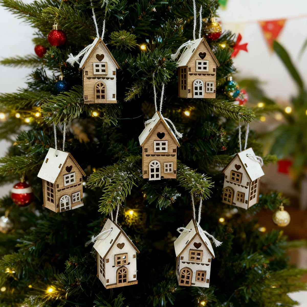 Wooden 3D Hanging House Ornament Brown and White with Windows