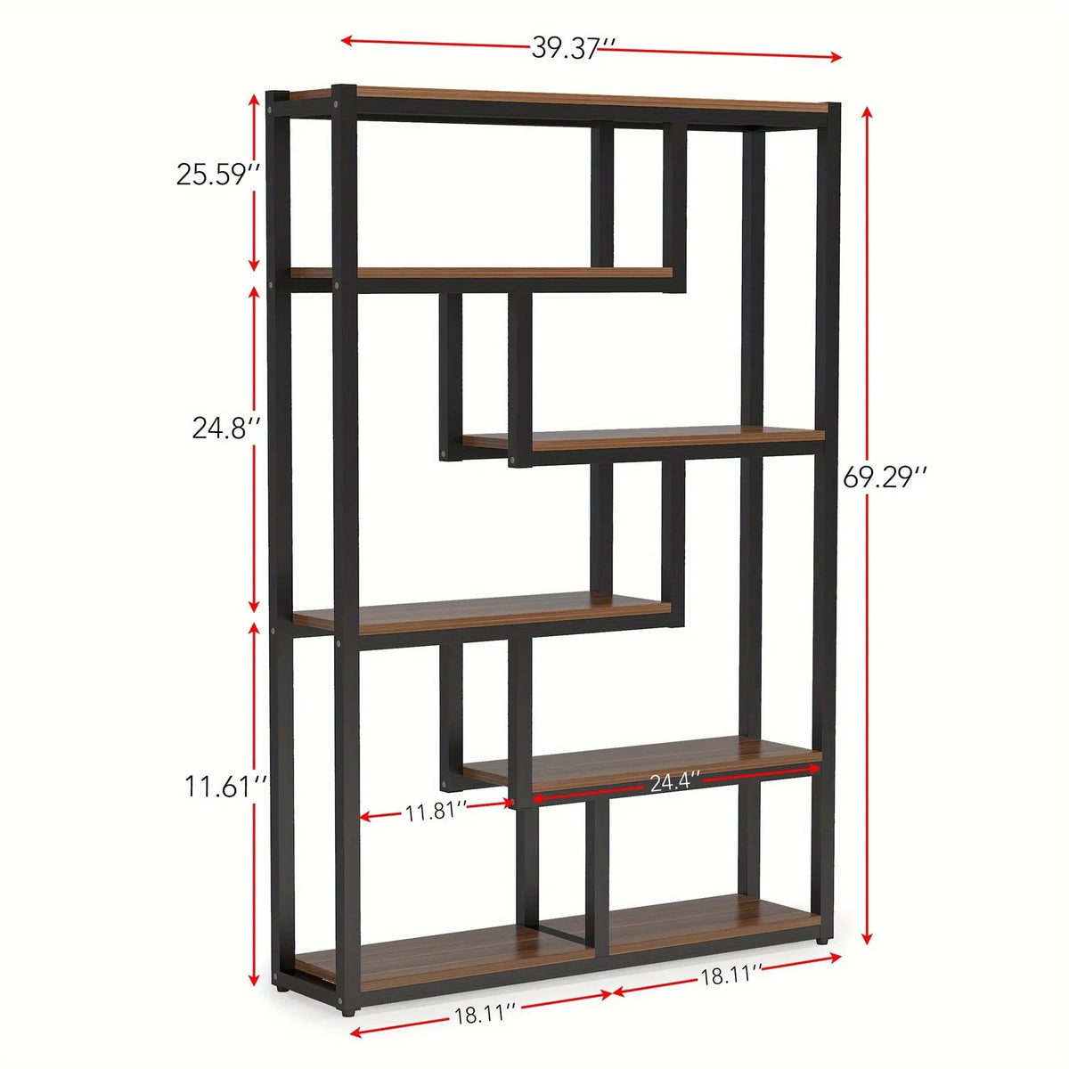Wooden Bookcase with Staggered Shelves Modern Design