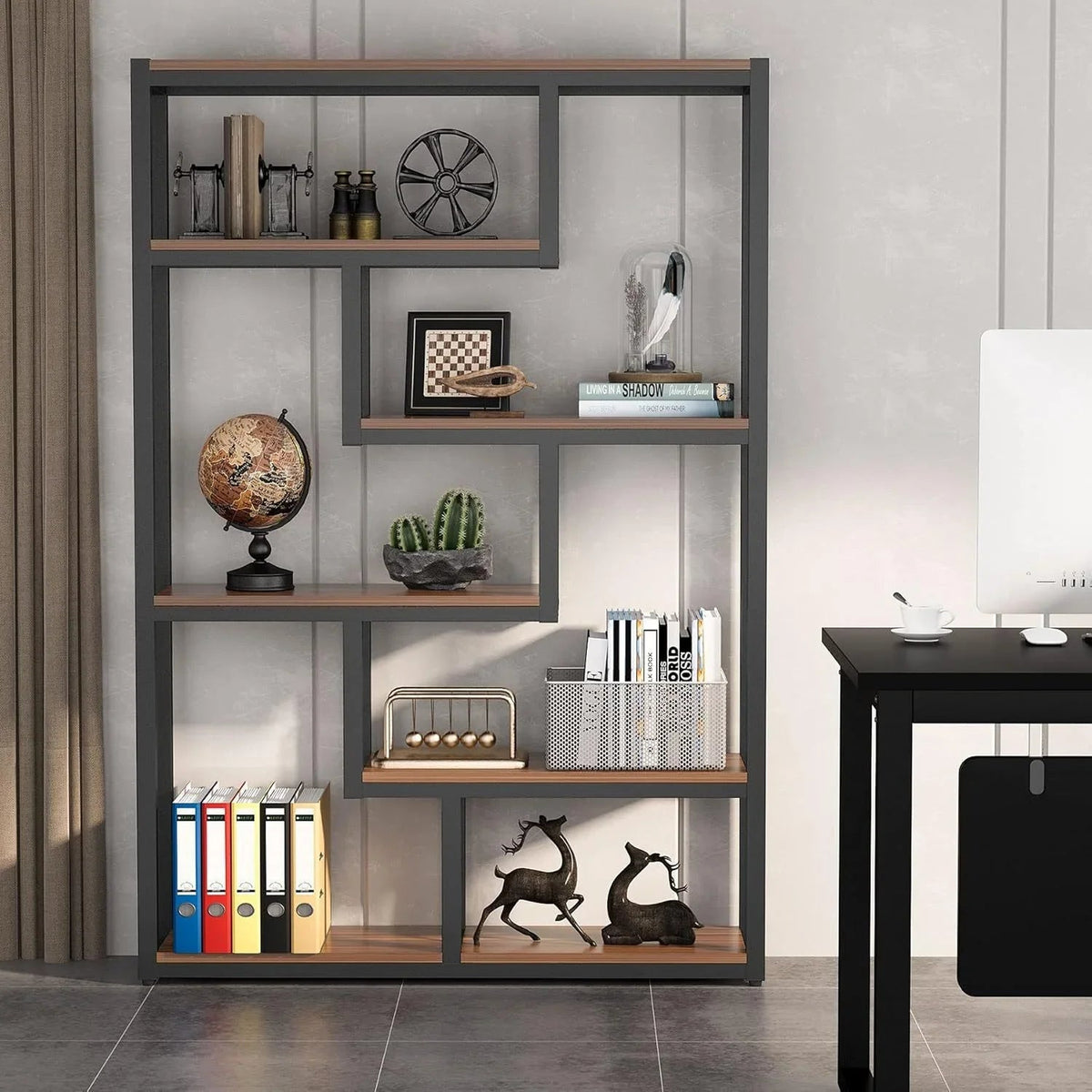 Wooden Bookcase with Staggered Shelves Modern Design