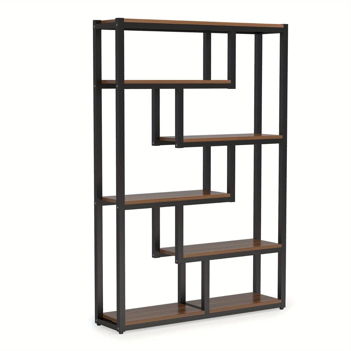 Wooden Bookcase with Staggered Shelves Modern Design