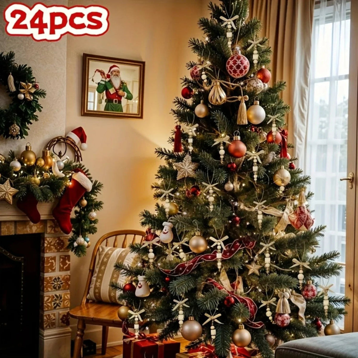 Wooden Christmas Tree Hanging Decor with Beads