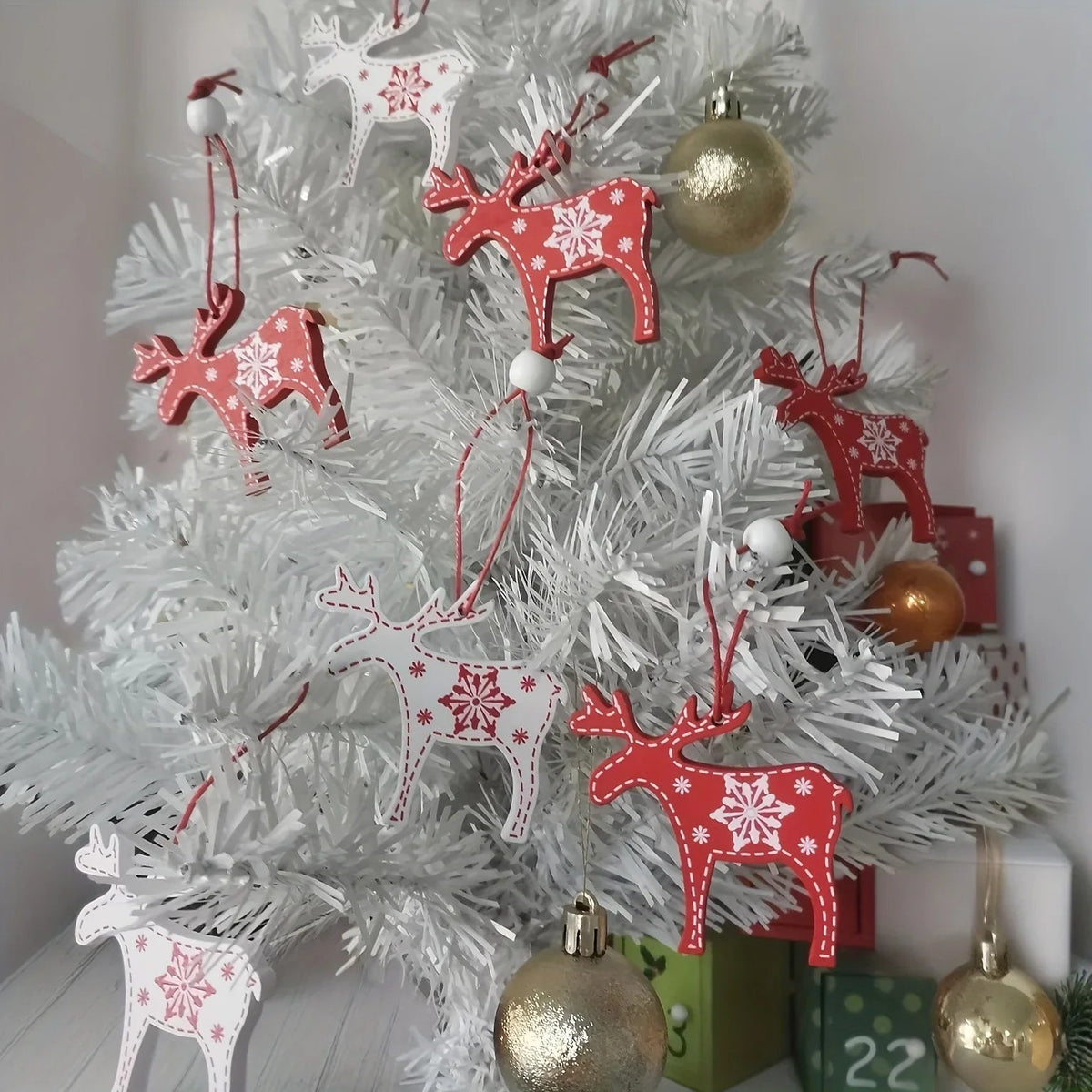 Wooden Christmas Tree Ornaments, 12 Cartoon Shaped Festive Decorations
