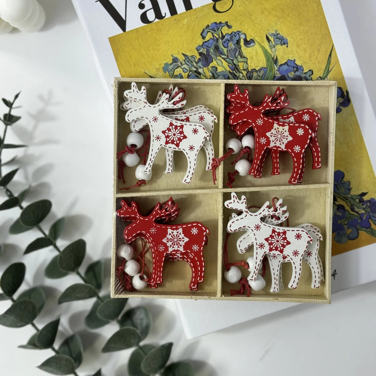 Wooden Christmas Tree Ornaments, 12 Cartoon Shaped Festive Decorations