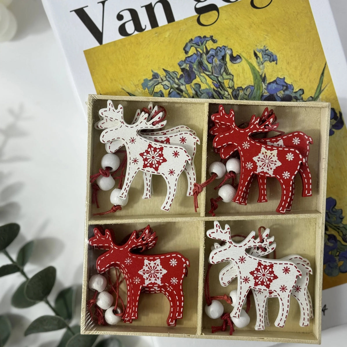 Wooden Christmas Tree Ornaments, 12 Cartoon Shaped Festive Decorations