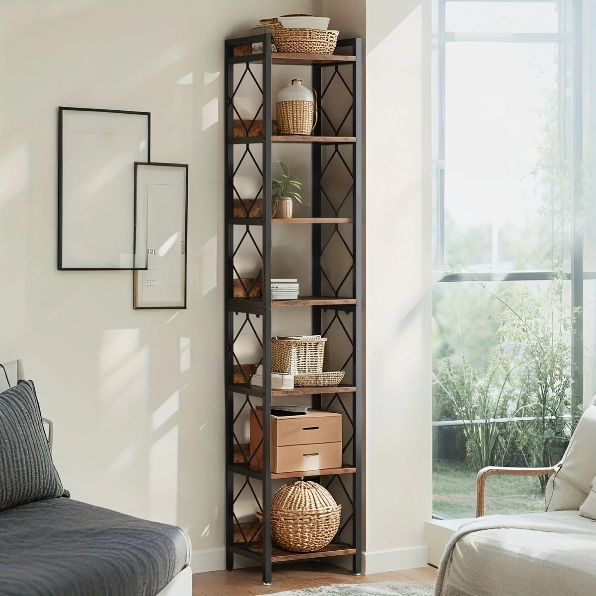 Wooden Corner Bookshelf 7-Tier Extra Tall Skinny Organizer