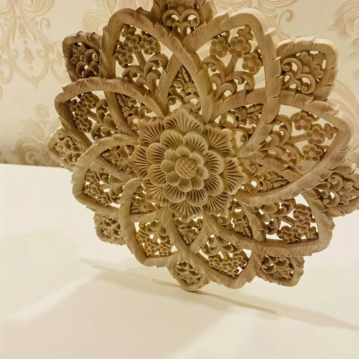 Wooden Flower Carving Disc - Yellow Floral Design on Natural Wood