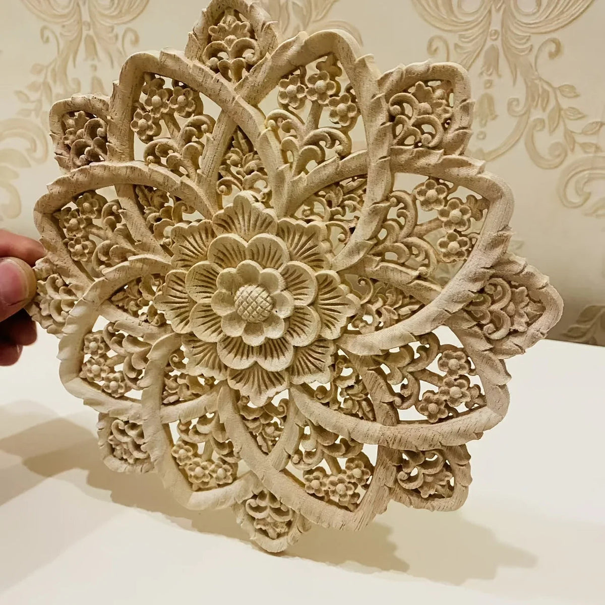 Wooden Flower Carving Disc - Yellow Floral Design on Natural Wood