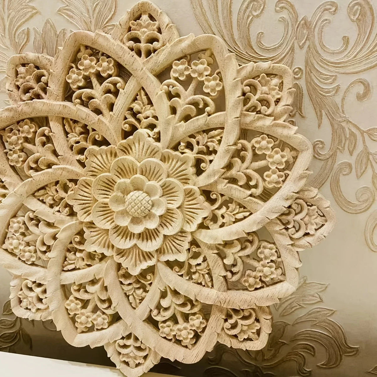 Wooden Flower Carving Disc - Yellow Floral Design on Natural Wood
