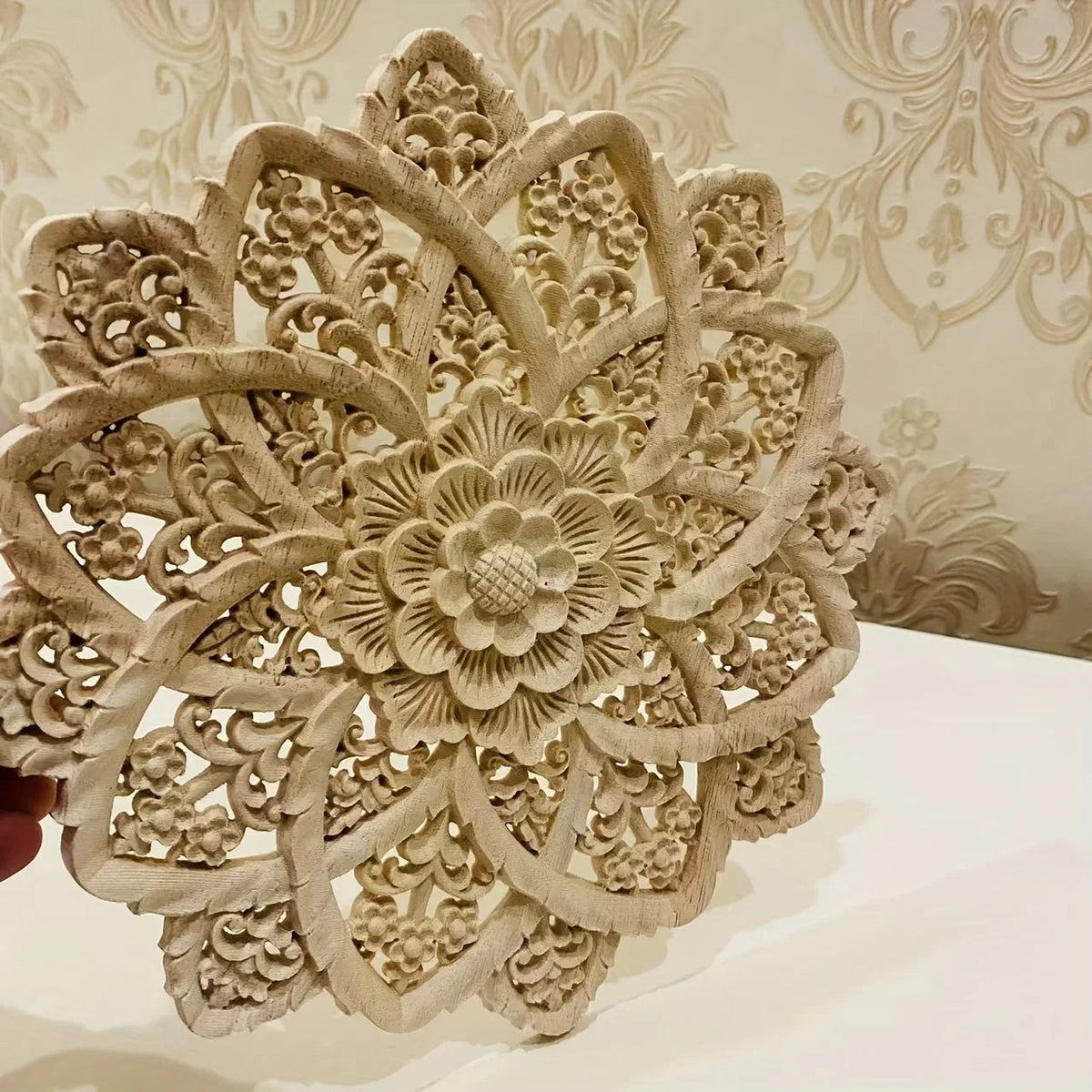 Wooden Flower Carving Disc - Yellow Floral Design on Natural Wood