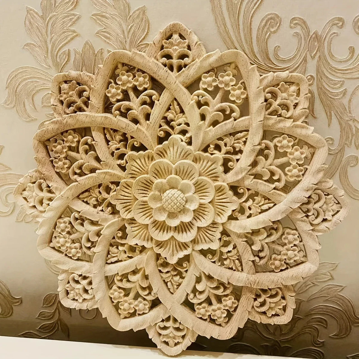 Wooden Flower Carving Disc - Yellow Floral Design on Natural Wood