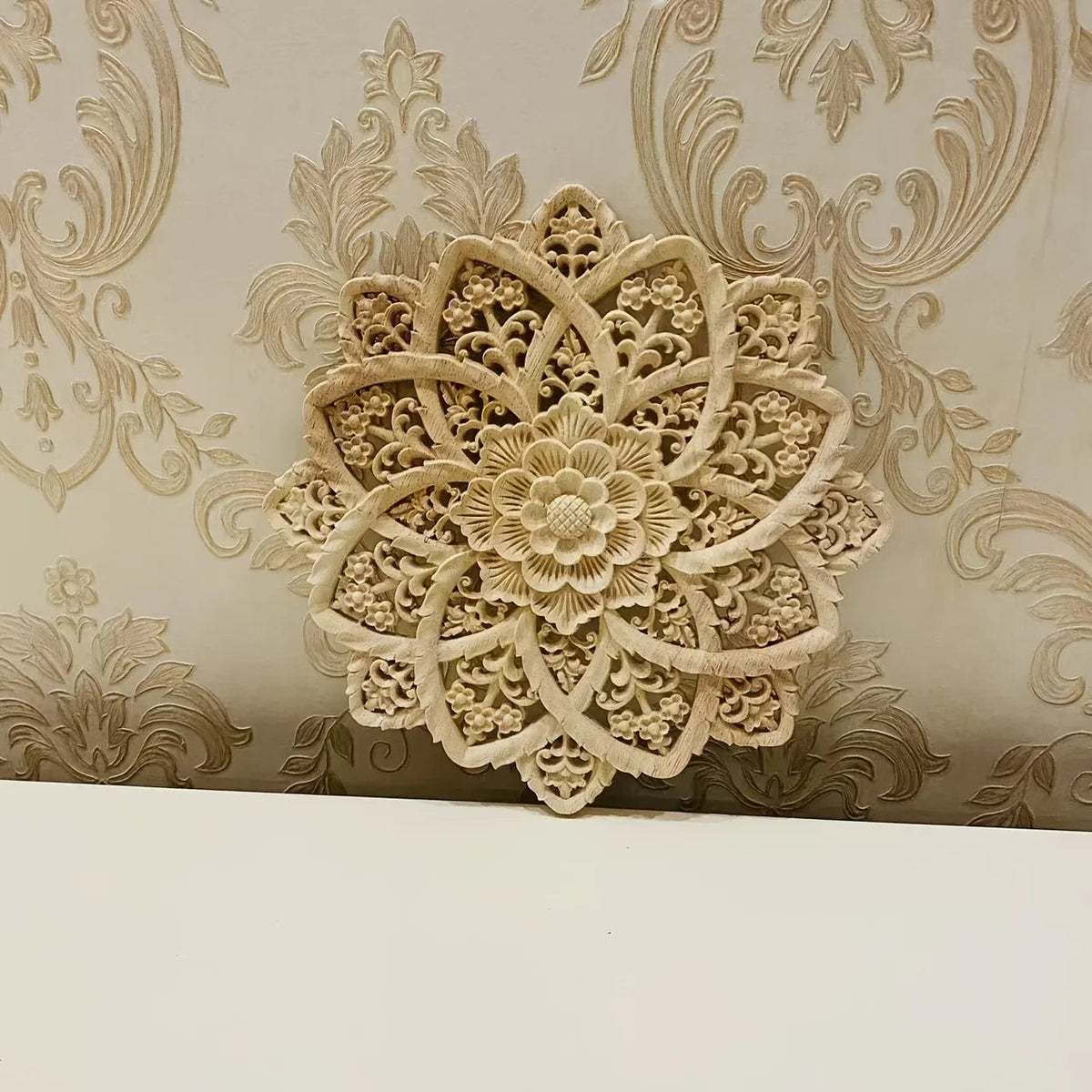 Wooden Flower Carving Disc - Yellow Floral Design on Natural Wood