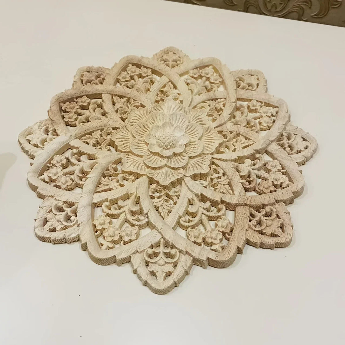 Wooden Flower Carving Disc - Yellow Floral Design on Natural Wood