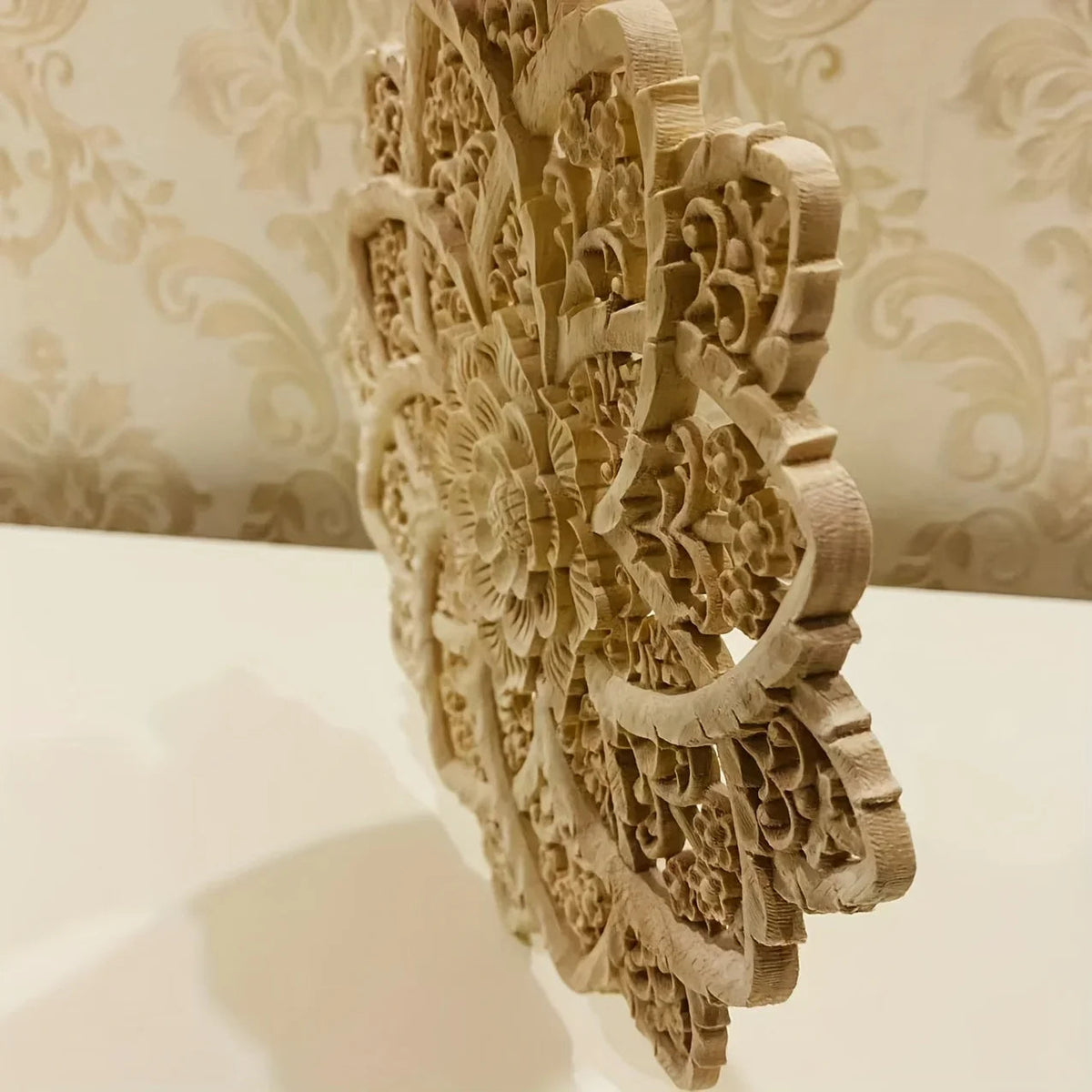 Wooden Flower Carving Disc - Yellow Floral Design on Natural Wood