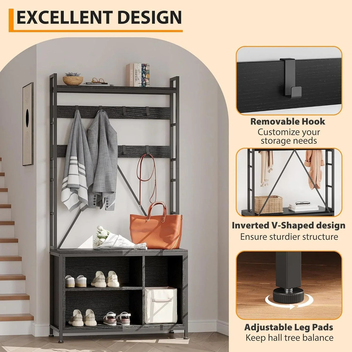 Wooden Hall Tree with Storage Bench and Coat Rack