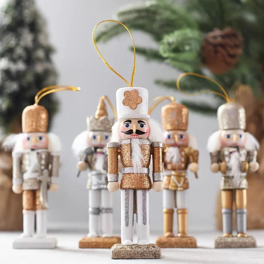 Wooden Nutcracker Ornaments, Golden Glitter, 5pcs Christmas Tree Decor