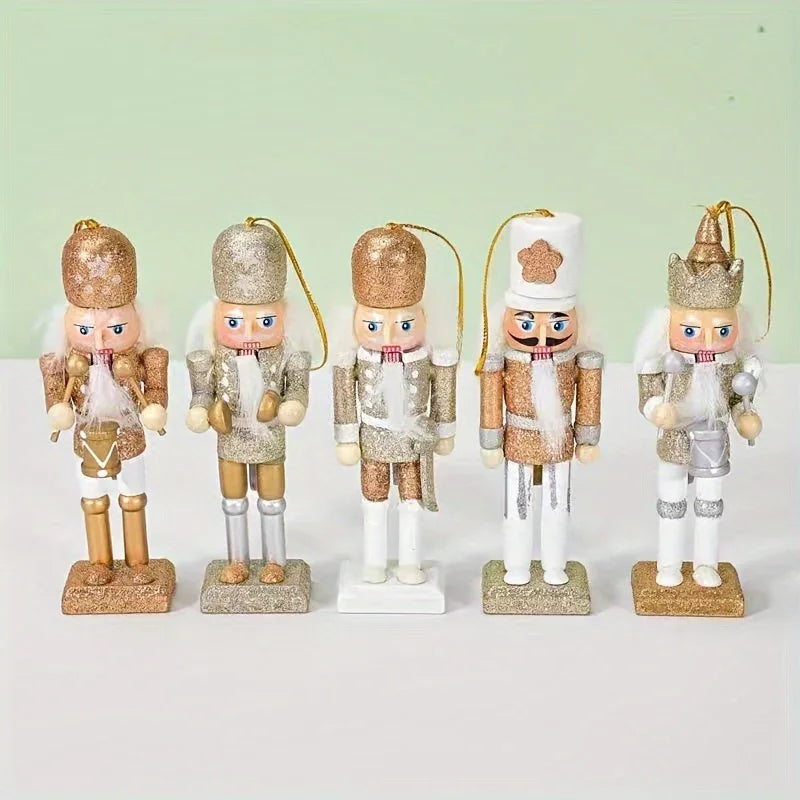 Wooden Nutcracker Ornaments, Golden Glitter, 5pcs Christmas Tree Decor