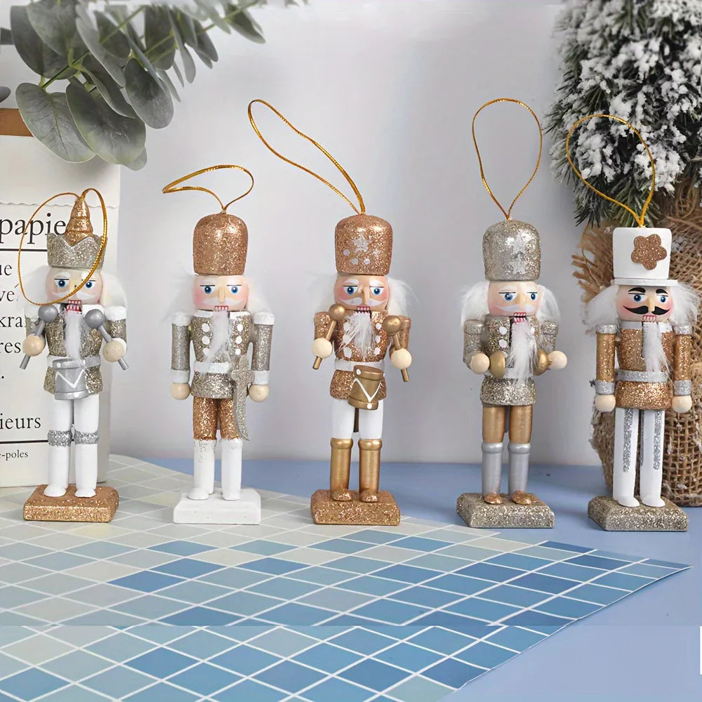 Wooden Nutcracker Ornaments, Golden Glitter, 5pcs Christmas Tree Decor
