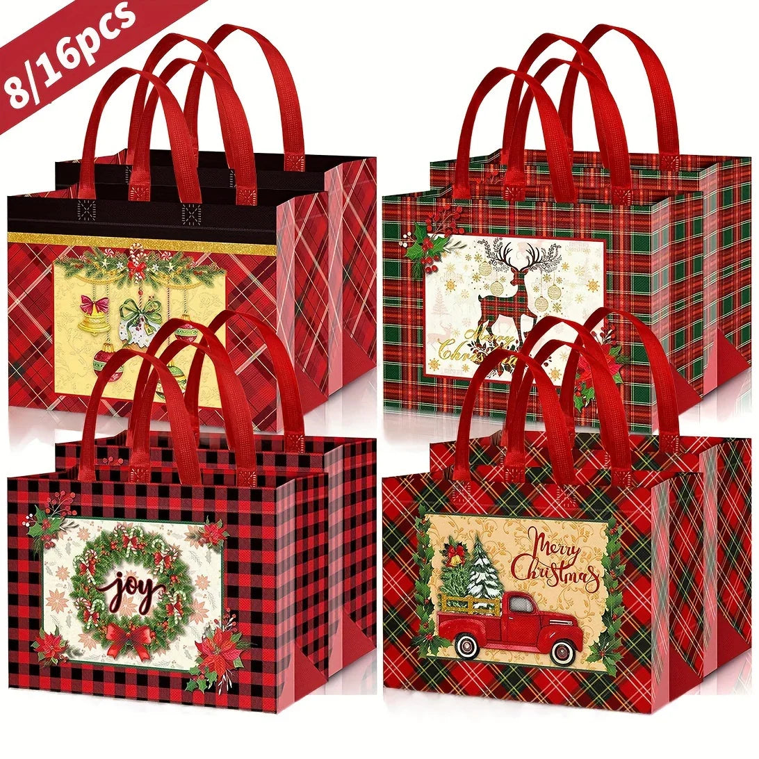 Woven Fabric Gift Bags with Handles, Red White Plaid, 8 16pcs