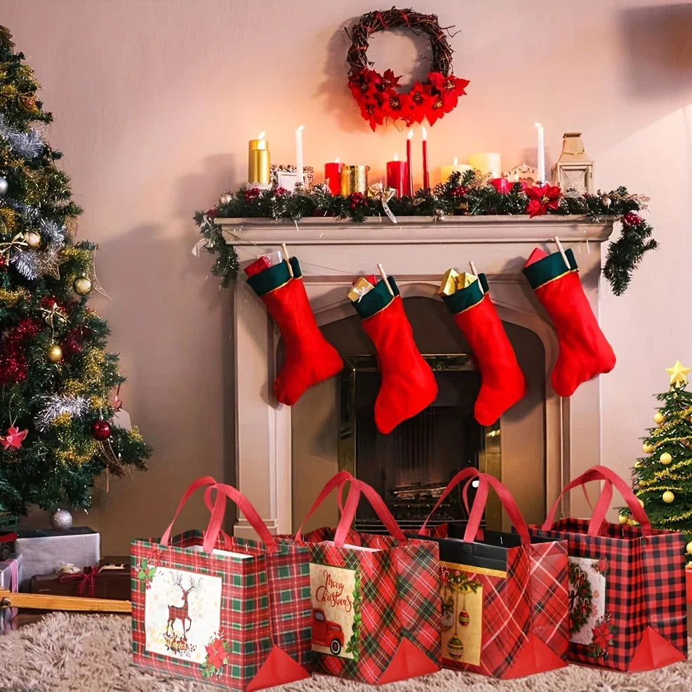 Woven Fabric Gift Bags with Handles, Red White Plaid, 8 16pcs