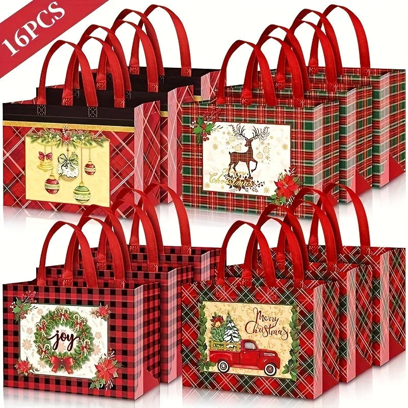 Woven Fabric Gift Bags with Handles, Red White Plaid, 8 16pcs