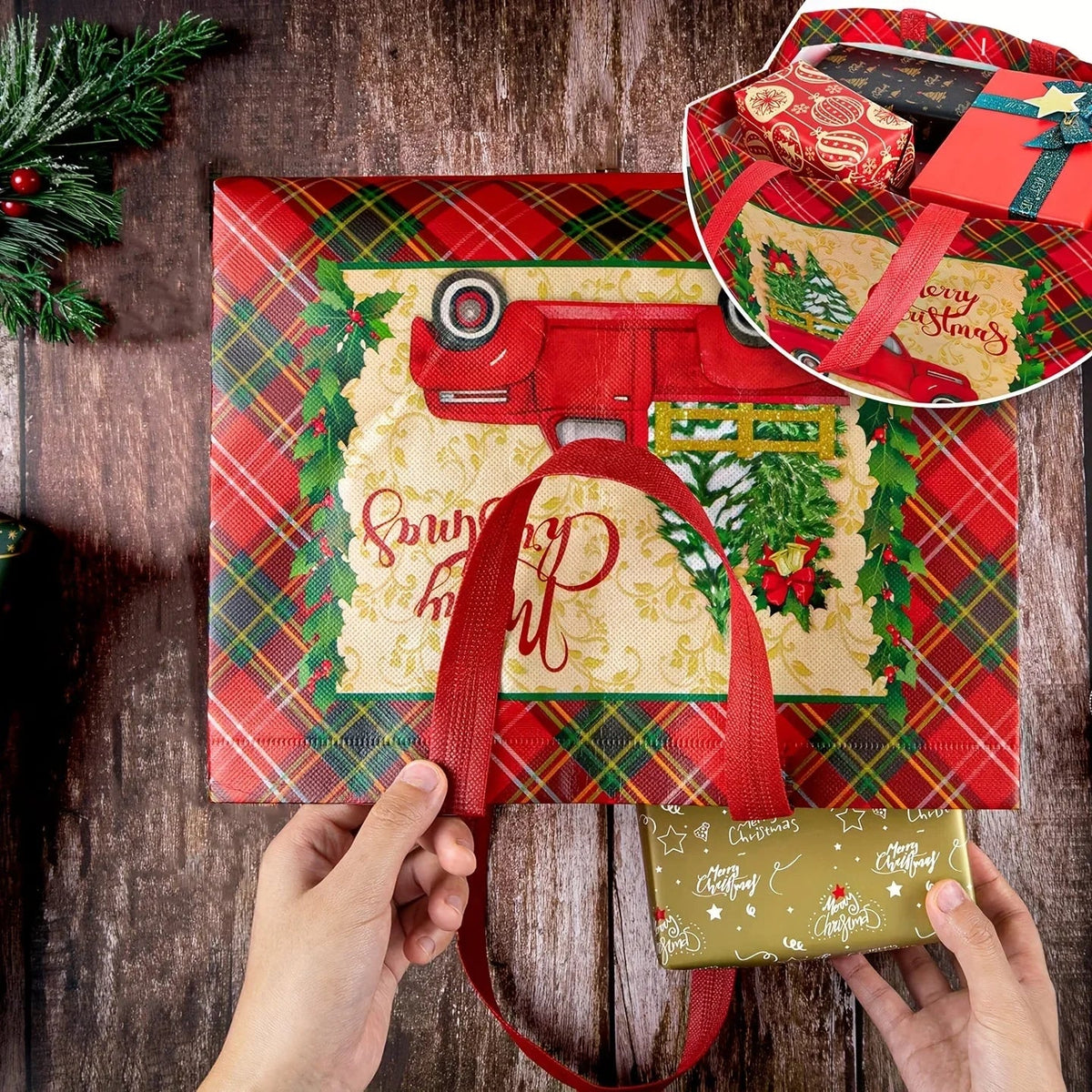 Woven Fabric Gift Bags with Handles, Red White Plaid, 8 16pcs