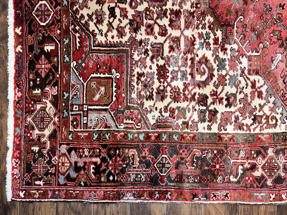 Large Persian Heriz Rug 10x13, Red and Cream Geometric Tribal Room Sized Handmade Wool Hand Knotted Semi Antique Decorative Oriental Carpet - Jewel Rugs, view 9