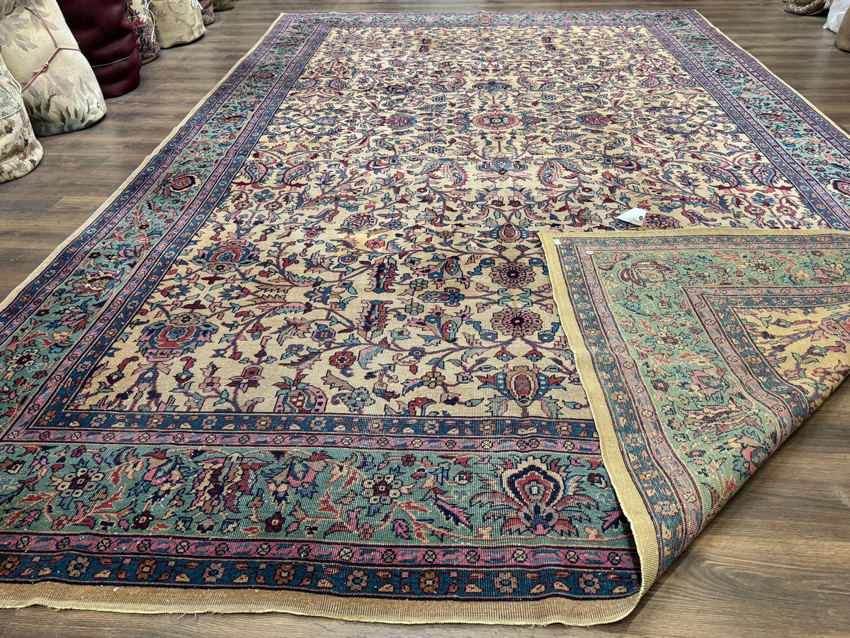 Antique Persian Rug 10x15, Camel and Cyan, Allover Pattern, Rare, Samarkand Rug - Jewel Rugs, view 11