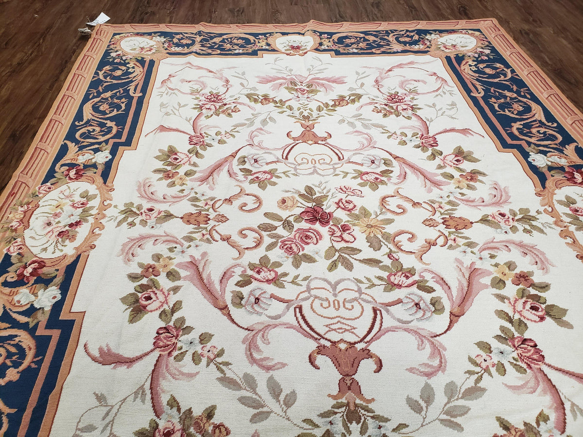 Chinese Aubusson Savonnerie Area Rug 6x8, Vintage Hand-Woven Needlepoint Rug, Flat Weave Handmade Wool Carpet Living Room Ivory & Navy Blue - Jewel Rugs, view 12