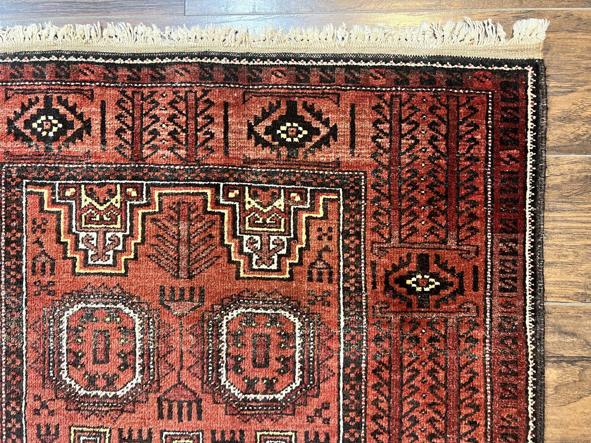 Antique Persian Turkoman Rug 3x6, Wool Tribal Handmade Carpet, Red and Black - Jewel Rugs, view 8