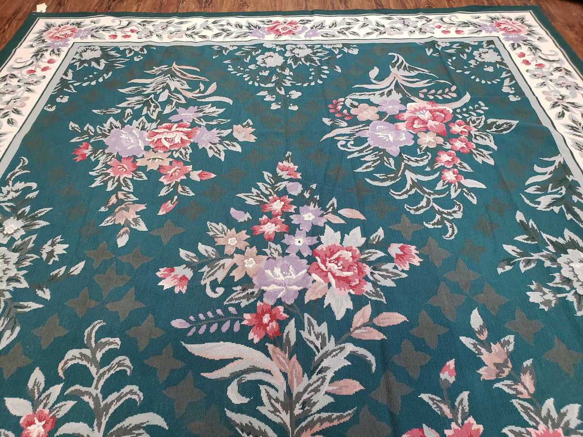 Chinese Needlepoint Rug 8x10, Vintage Green Area Rug, Hand-Woven Flatweave Floral European Design Carpet Wool Handmade 8x 10 Living Room Rug - Jewel Rugs, view 12