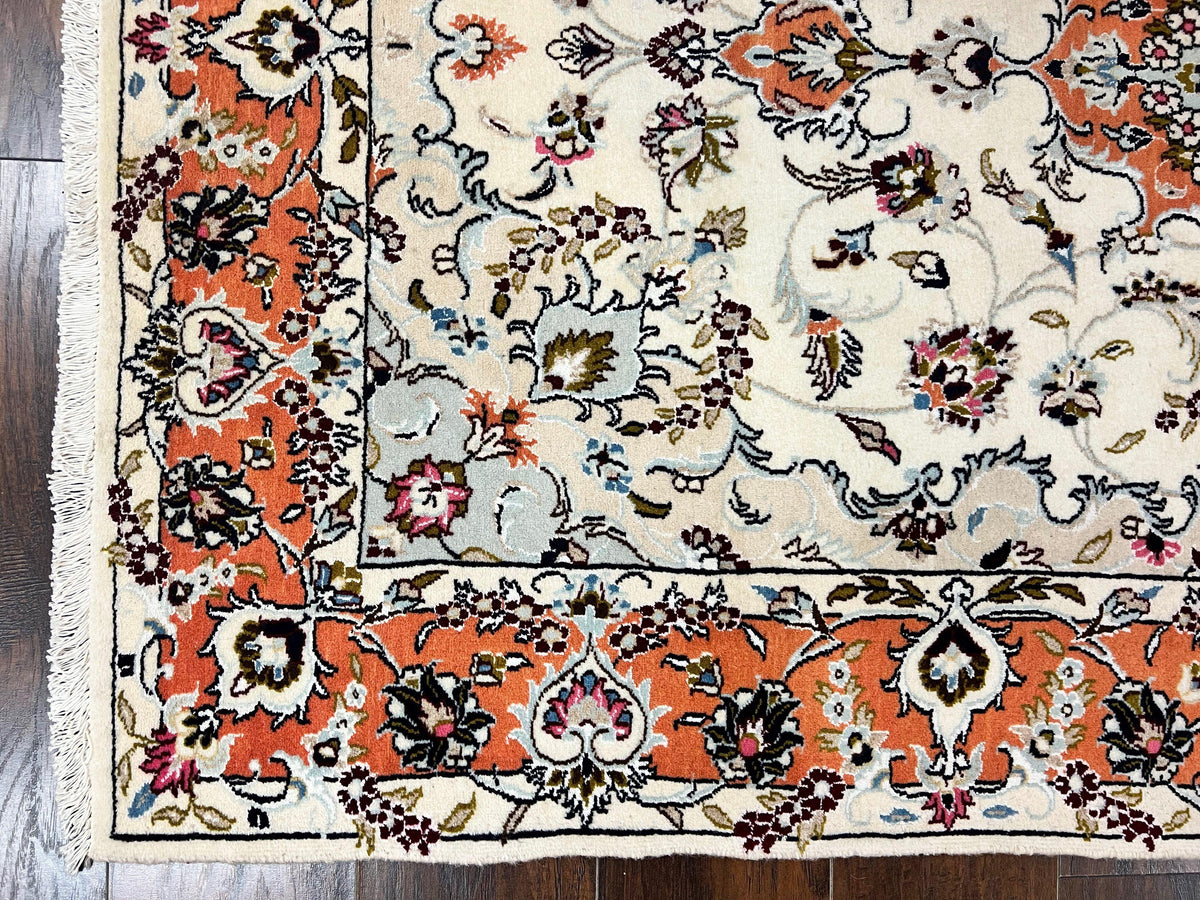 Persian Tabriz Rug 4.5  x 6.8, Finely Hand Knotted Wool with Silk Highlights Vintage Oriental Carpet, Cream and Salmon, High KPSI, Floral Medallion - Jewel Rugs, view 9