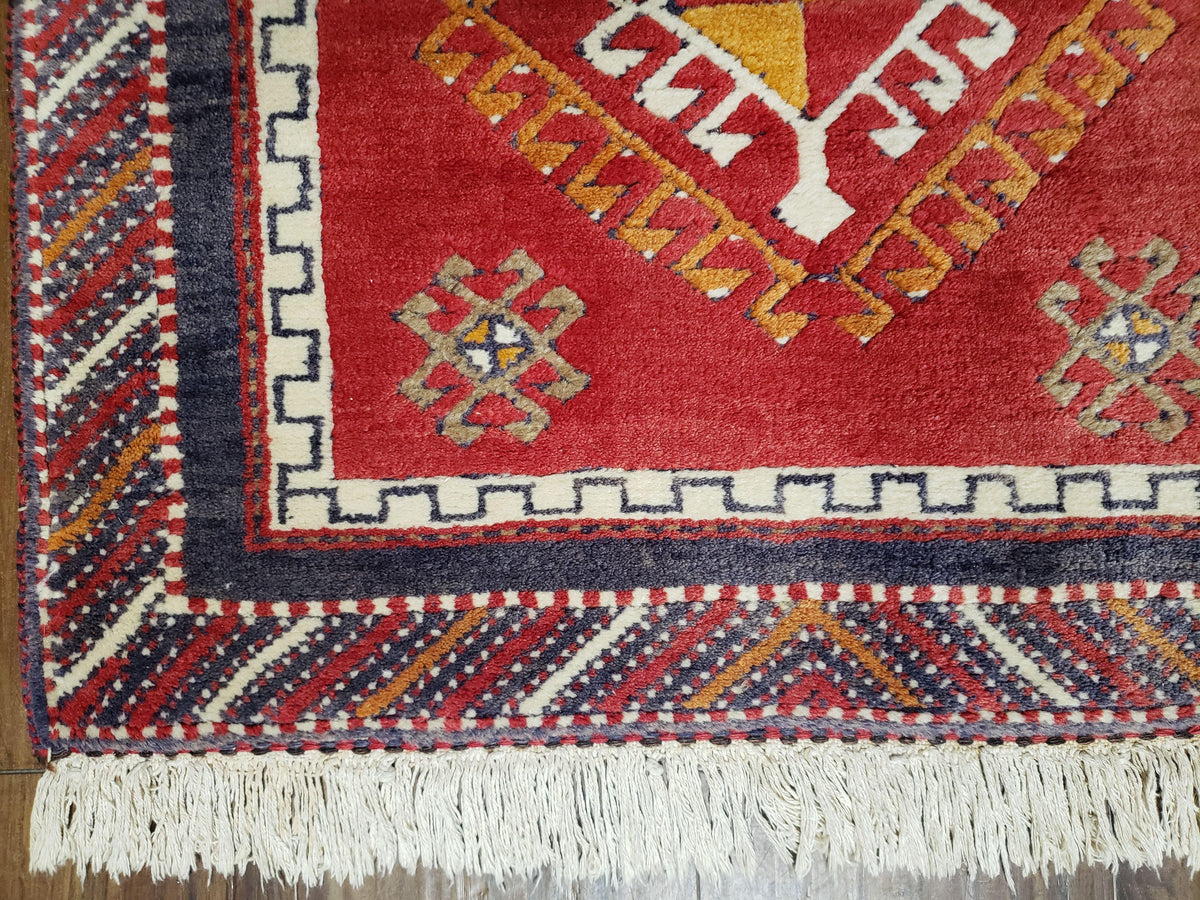 Vintage Turkish Kazak Rug 2.5 x 5 Red Wool Carpet Medallions Runner Geometric - Jewel Rugs, view 8
