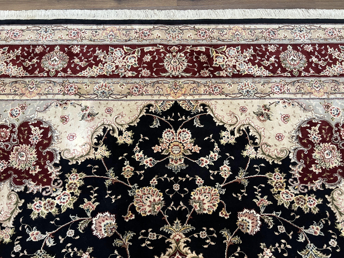 Pak Persian Rug 8.8 x 10.6, Floral Medallion, Wool and Silk Hand Knotted Fine Oriental Carpet, Elegant Rug, Black Gray Burgundy, Room Sized - Jewel Rugs, view 3