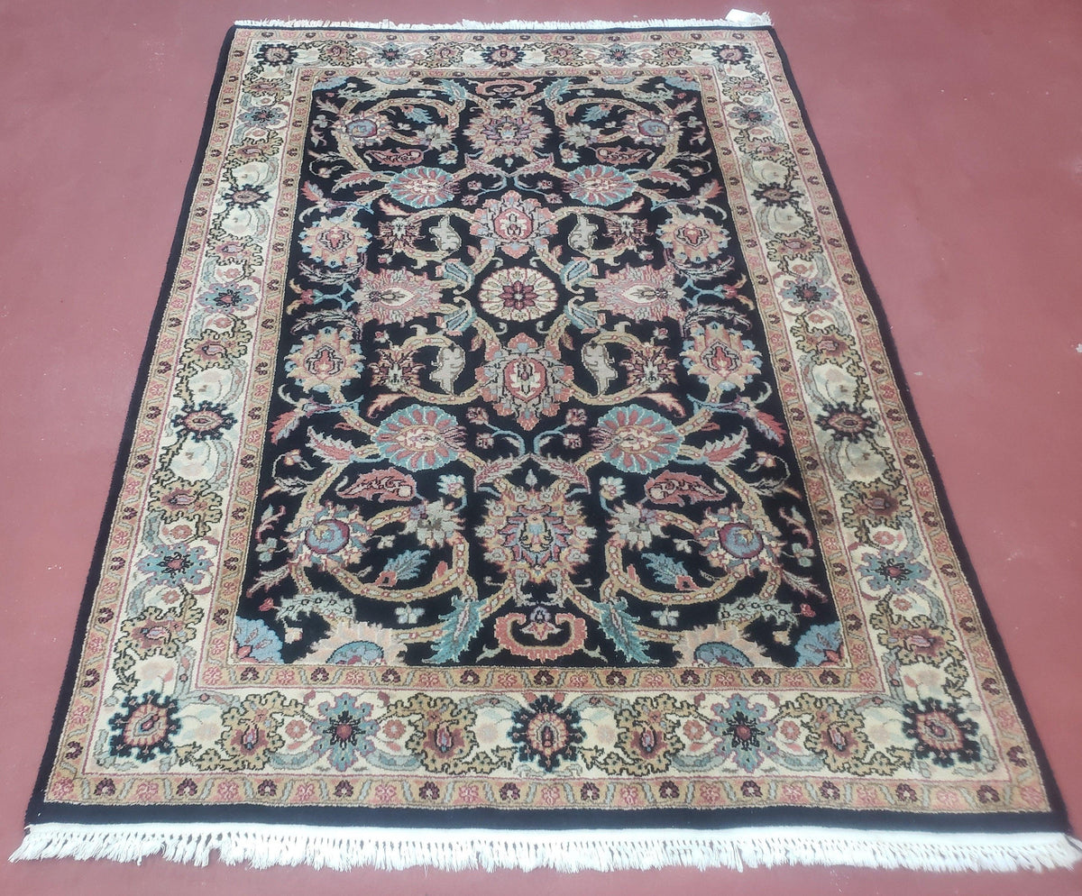 Vintage Indo Persian Mahal Area Rug 4x6, Wool Hand-Knotted Midnight Blue & Ivory Floral Design Indian Carpet, 4 x 6 Traditional Oriental Rug - Jewel Rugs, view 2