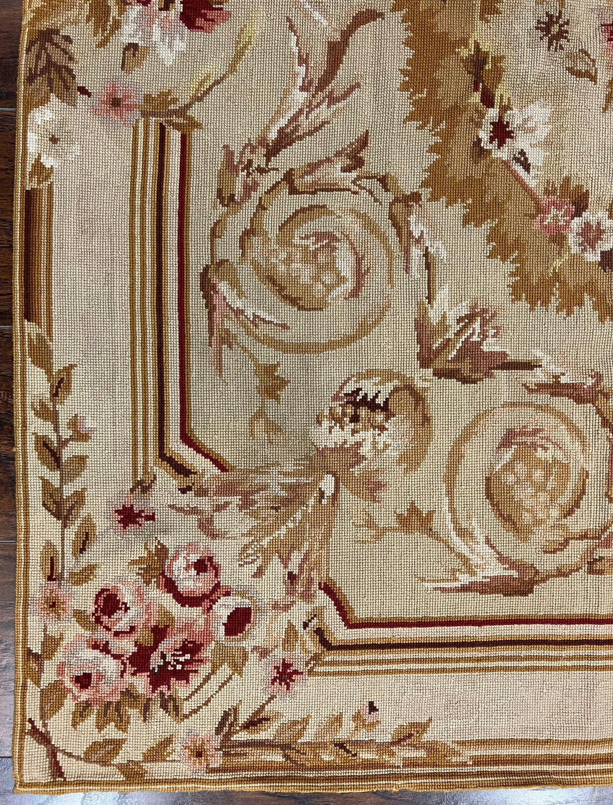 Aubusson Needlepoint Rug 4x5 ft, Beige and Tan, Aubusson Savonnerie Vintage Carpet, Handwoven Handmade Wool Rug, European Design Floral Rose - Jewel Rugs, view 9