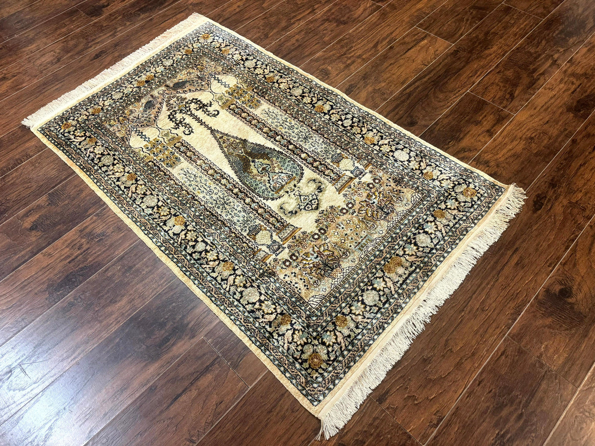 Silk Indian Kashmiri Rug 3x4, Very Fine 400 KPSI, Silk Prayer Rug, Handmade - Jewel Rugs, view 13
