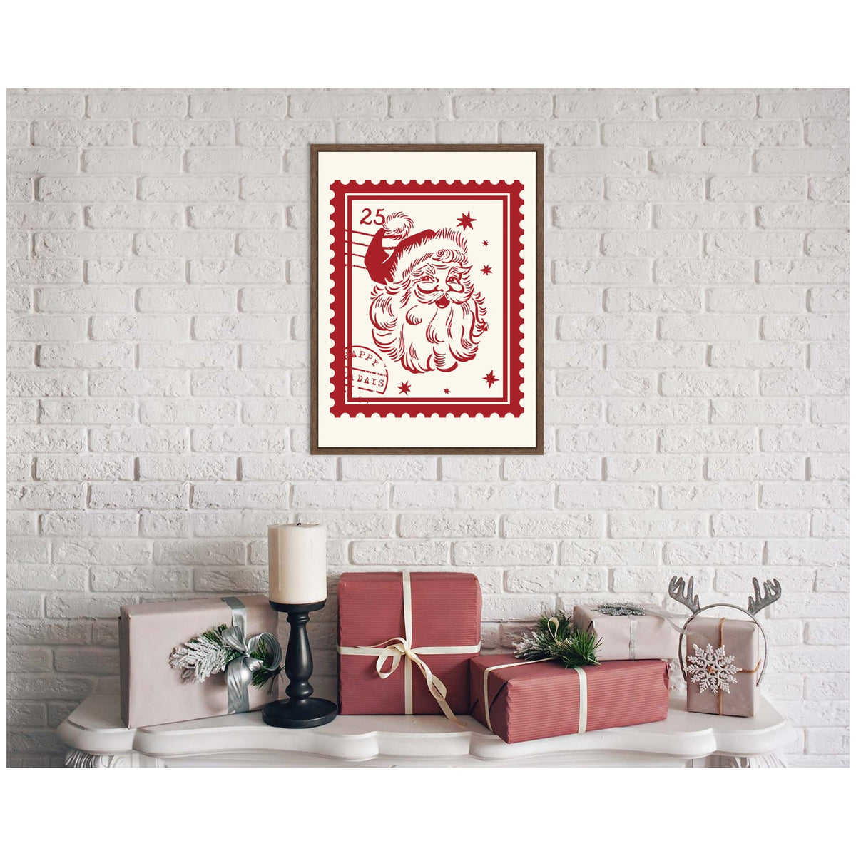 Retro Santa Christmas Stamp by Lucky Guava Framed Canvas Wall Art Print