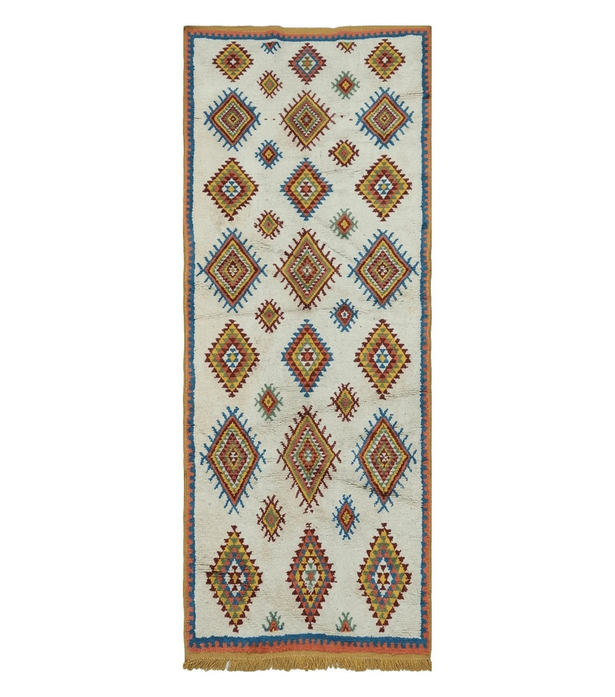 Moroccan Wide Runner Rug 3' 6" x 9', Vintage Azilal Berber Carpet Tribal Runner, Colorful Diamonds Ivory Orange Yellow, Soft Wool Handmade - Jewel Rugs