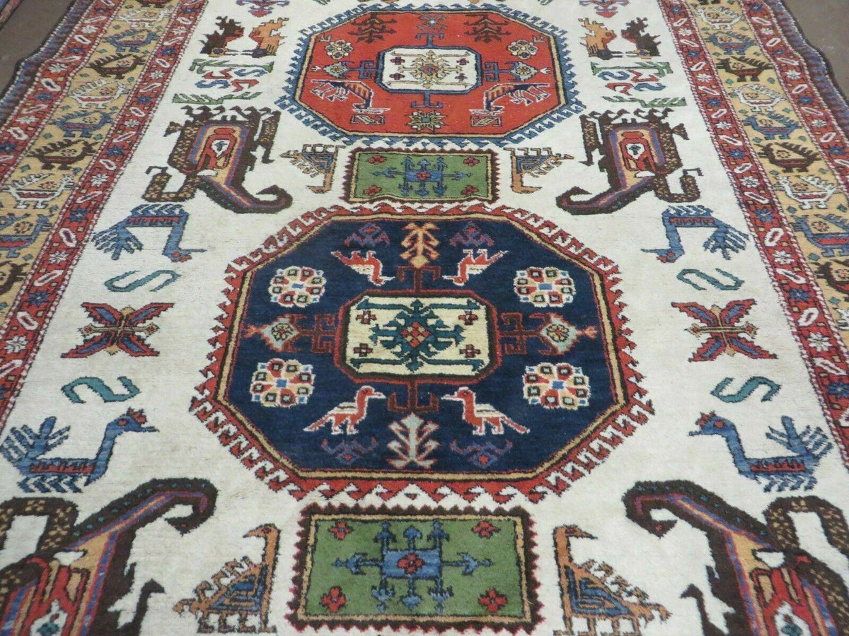 7' X 10' Vintage Handmade Knotted Turkish Wool Rug Birds Animal Ivory Organic - Jewel Rugs, view 5