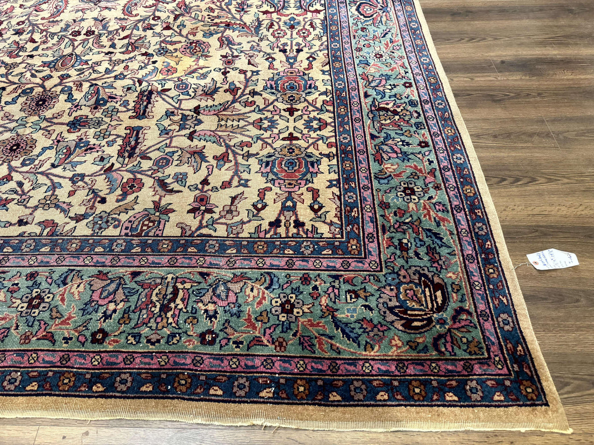 Antique Persian Rug 10x15, Camel and Cyan, Allover Pattern, Rare, Samarkand Rug - Jewel Rugs, view 9