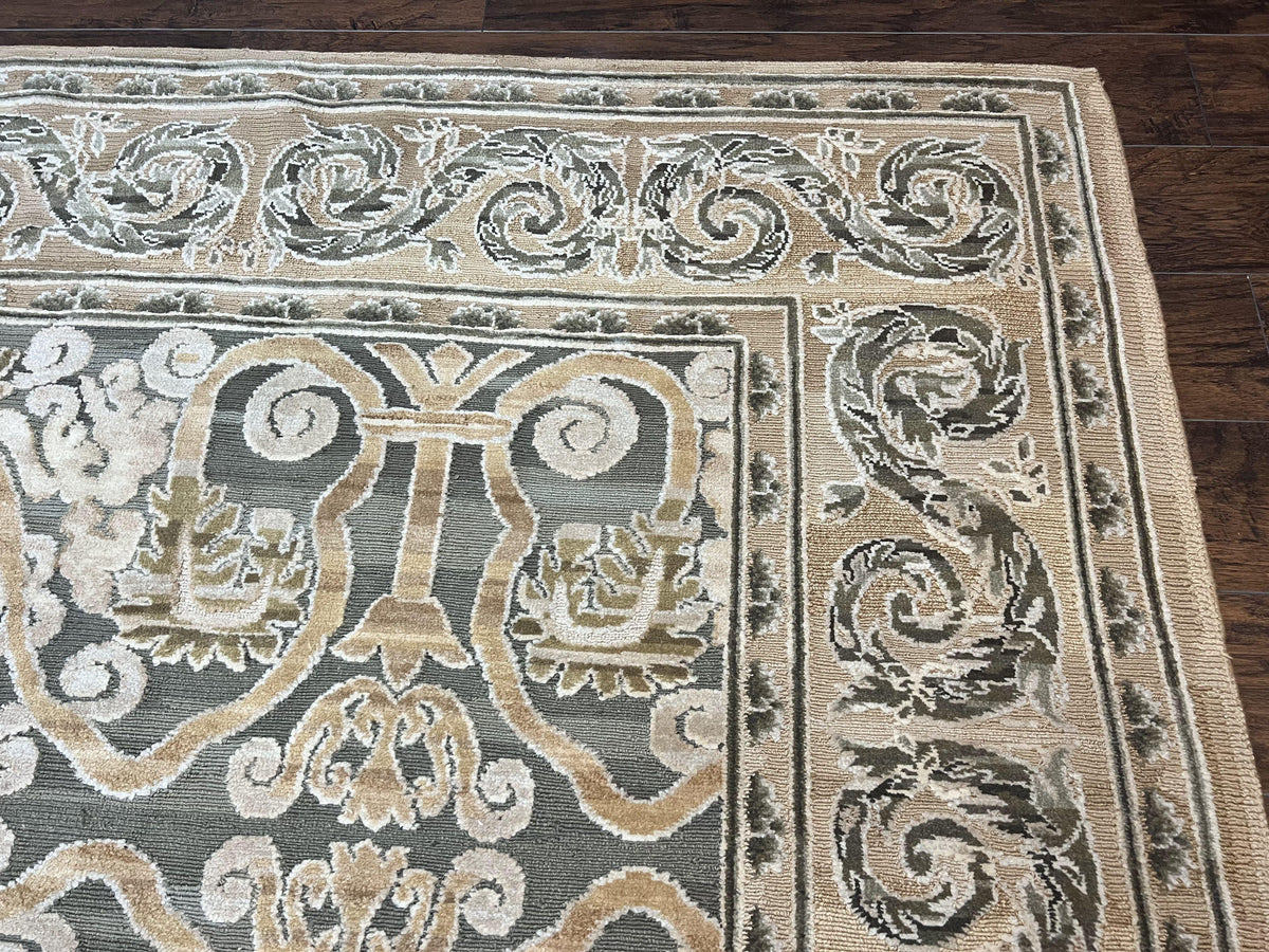 Spanish Rug 11x14, Wool Hand Knotted Vintage Carpet, Olive Green and Beige, Floral Allover, European Design, 11 x 14 Rug - Jewel Rugs, view 8