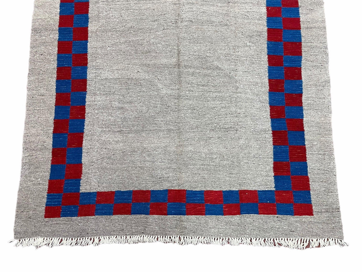 Gray Turkish Kilim Carpet 5' 7" x 7' 7", Medium Kilim Rug, Hand-Knotted, Blue & Red Border, Minimalistic Design, Geometric, Wool, New - Jewel Rugs, view 5