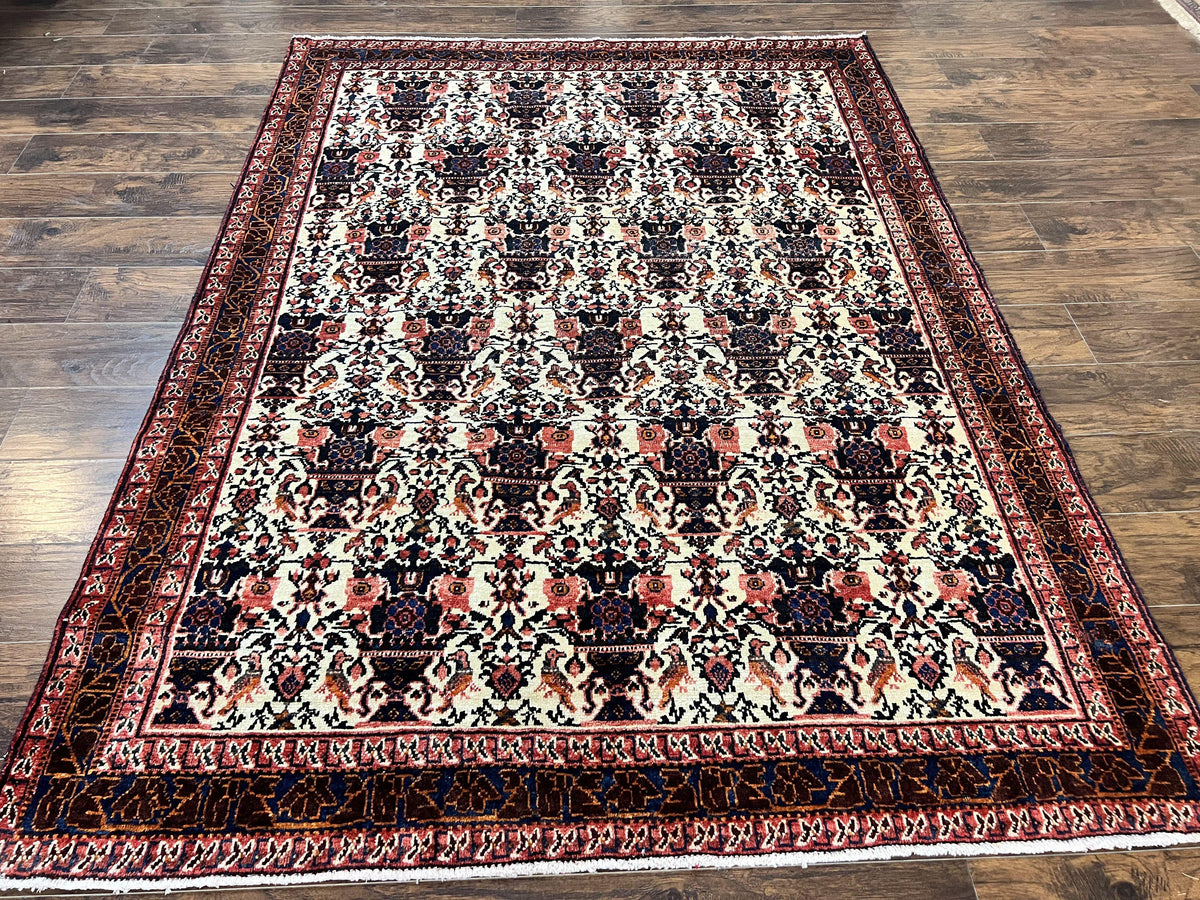 Persian Afshar Rug 6x8, Wool Hand Knotted Semi Antique Vintage Carpet, Floral Allover, Repeated Birds Flowers Vases Motifs - Jewel Rugs, view 2