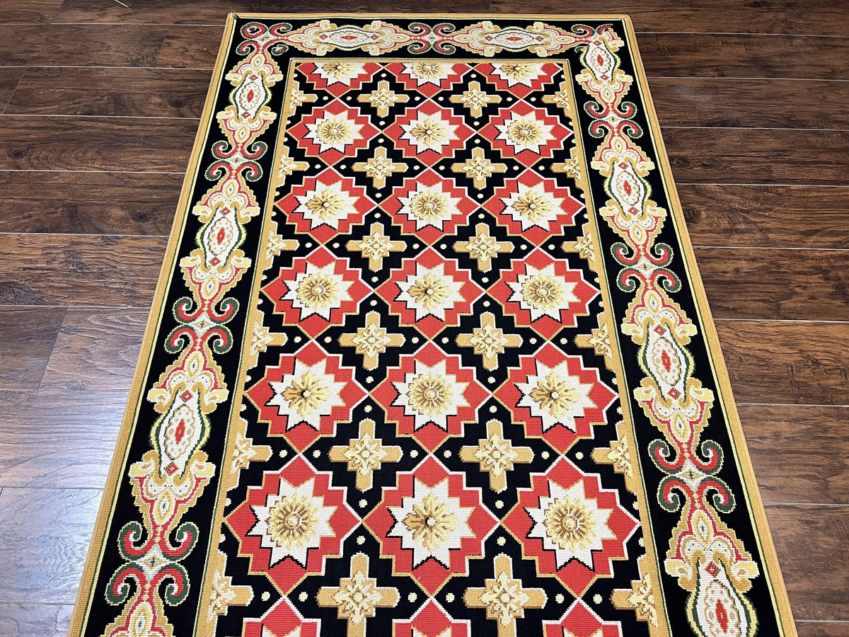Runner Rug 4x19, Panel Design Rug, Custom Made Stark Runner Carpet, Wool, Vintage 4 x 19 Hallway Rug, European Design, Red Black Ivory Tan - Jewel Rugs, view 3
